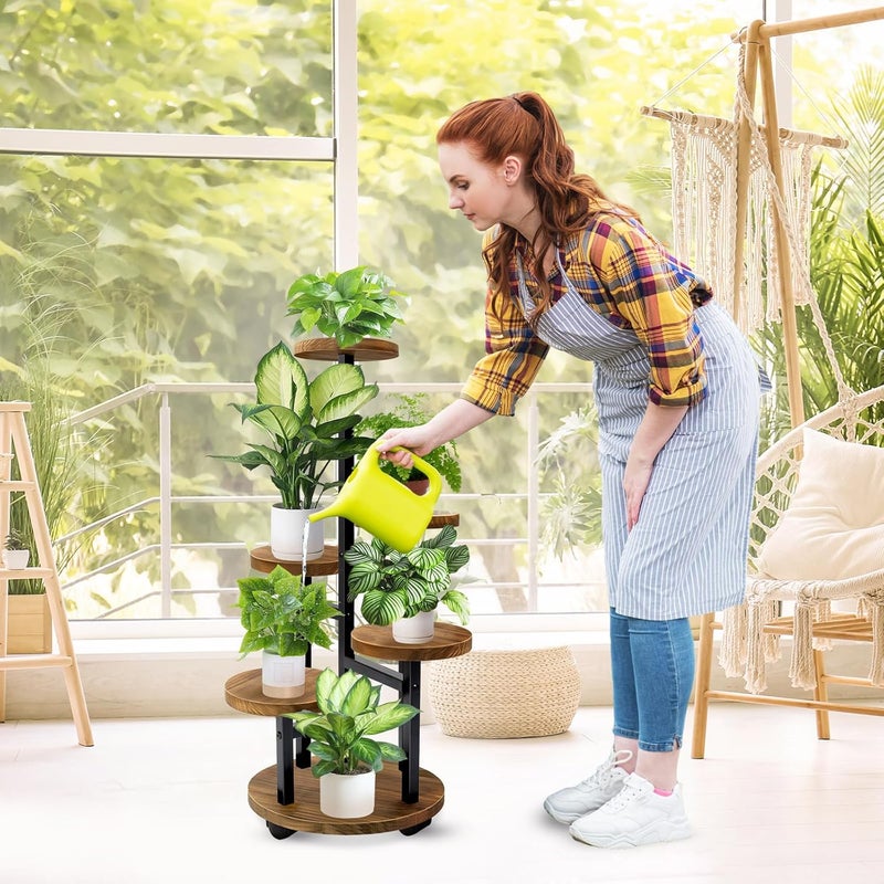 GEEBOBO 5 Tier Plant Stand With 4 Wheels, Metal Wood Tall Plant Stands For Indoor Plants Multiple, Corner Tiered Flower Plants Shelf Stand for Living Room Bedroom, Brown - Image 2